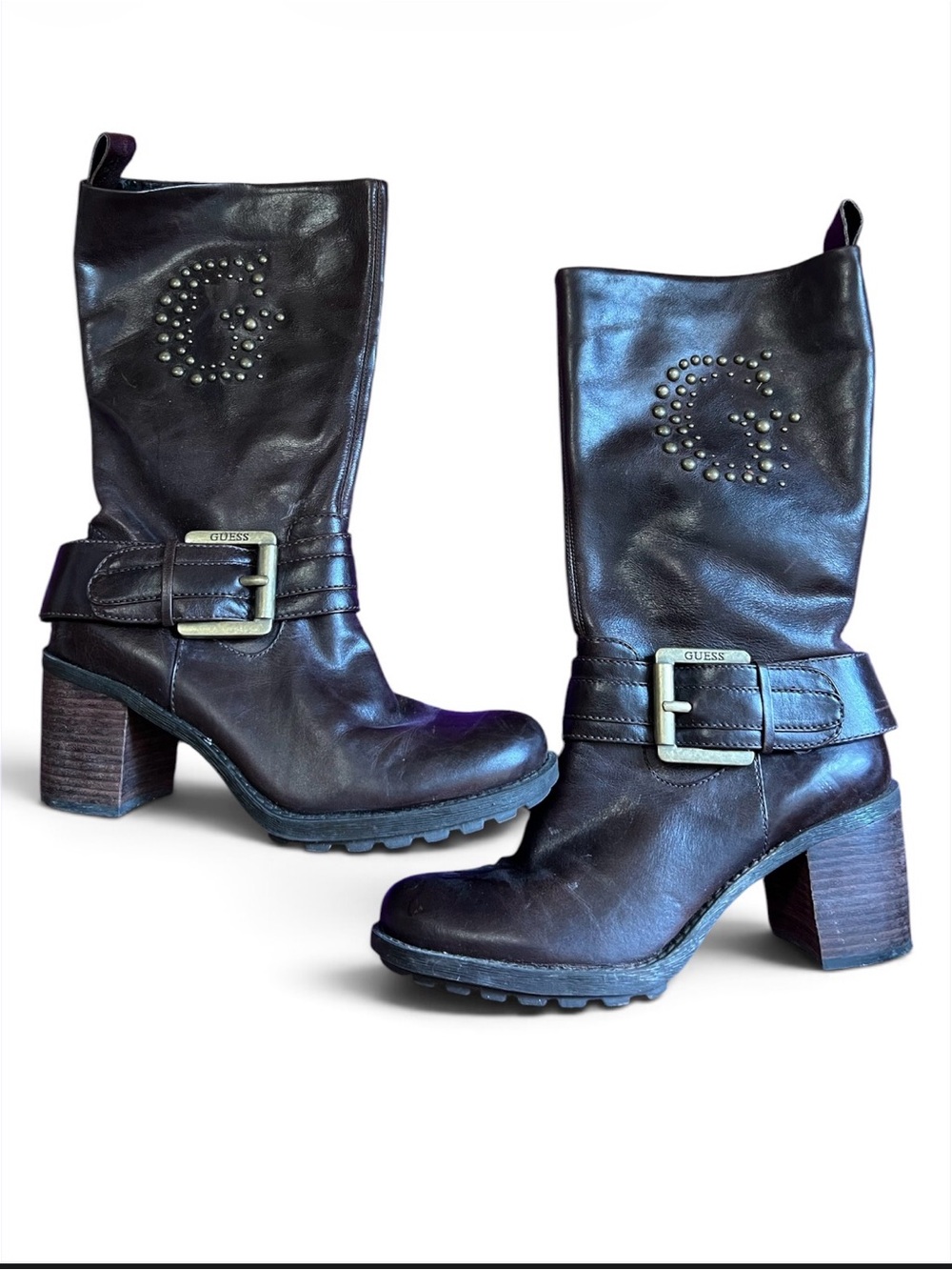 GUESS Women's Black Leather Mid-Calf Buckle Boots 8.5 M